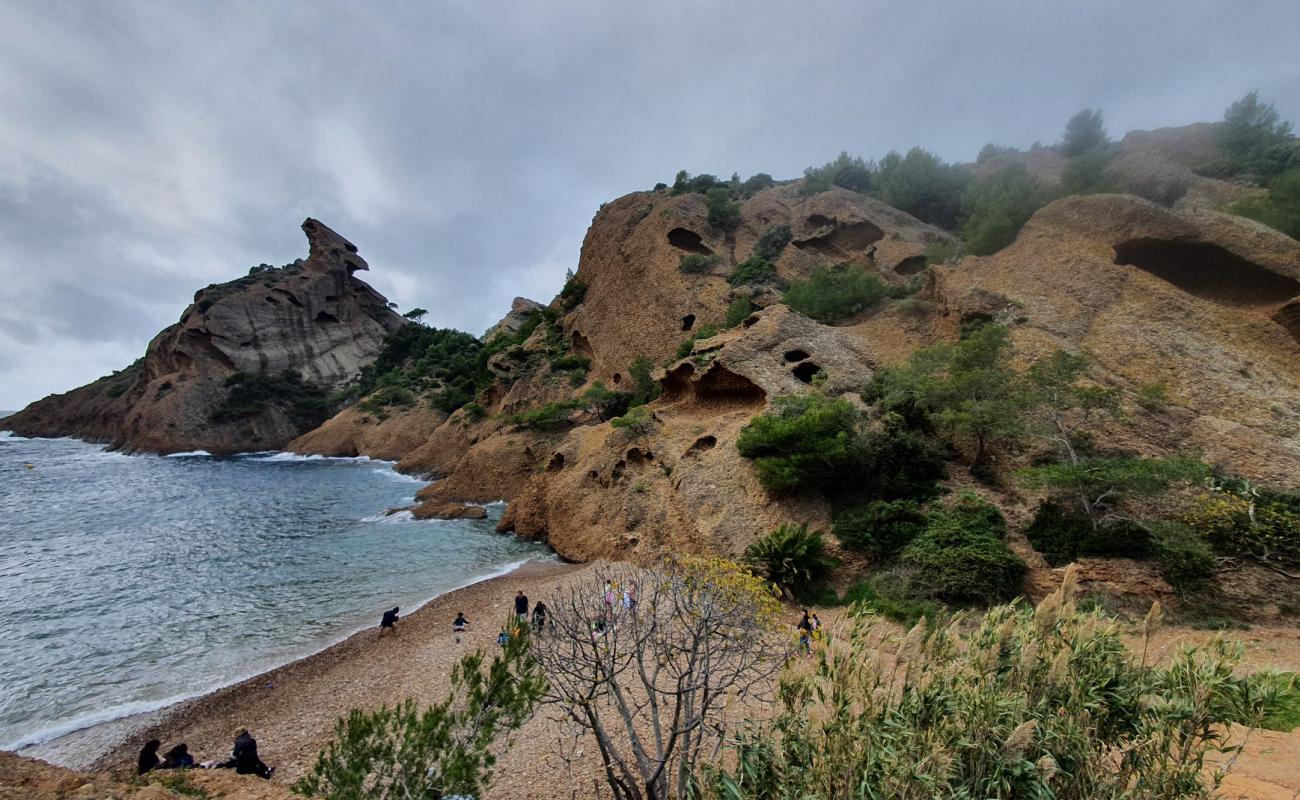 Foto de Calanque de Figuerolles con arena/piedras marrón superficie