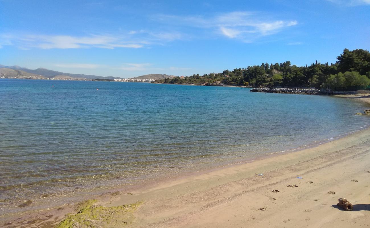 Foto de Amoudia beach con arena oscura superficie