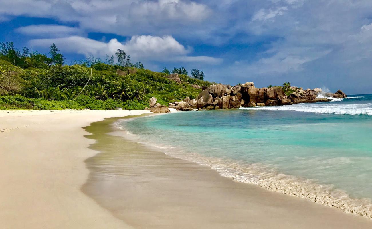 Foto de Playa Anse Cocos con arena fina blanca superficie