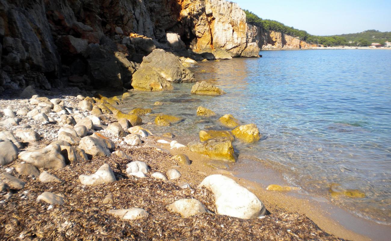 Foto de Cala Donzell con arena brillante y rocas superficie